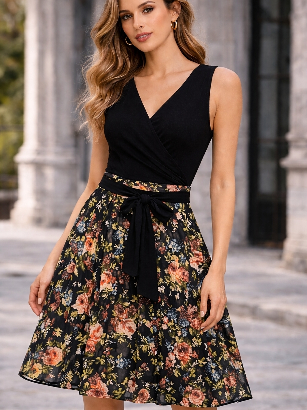 Karen Kane Black Floral Midi Dress with Tie Waist
